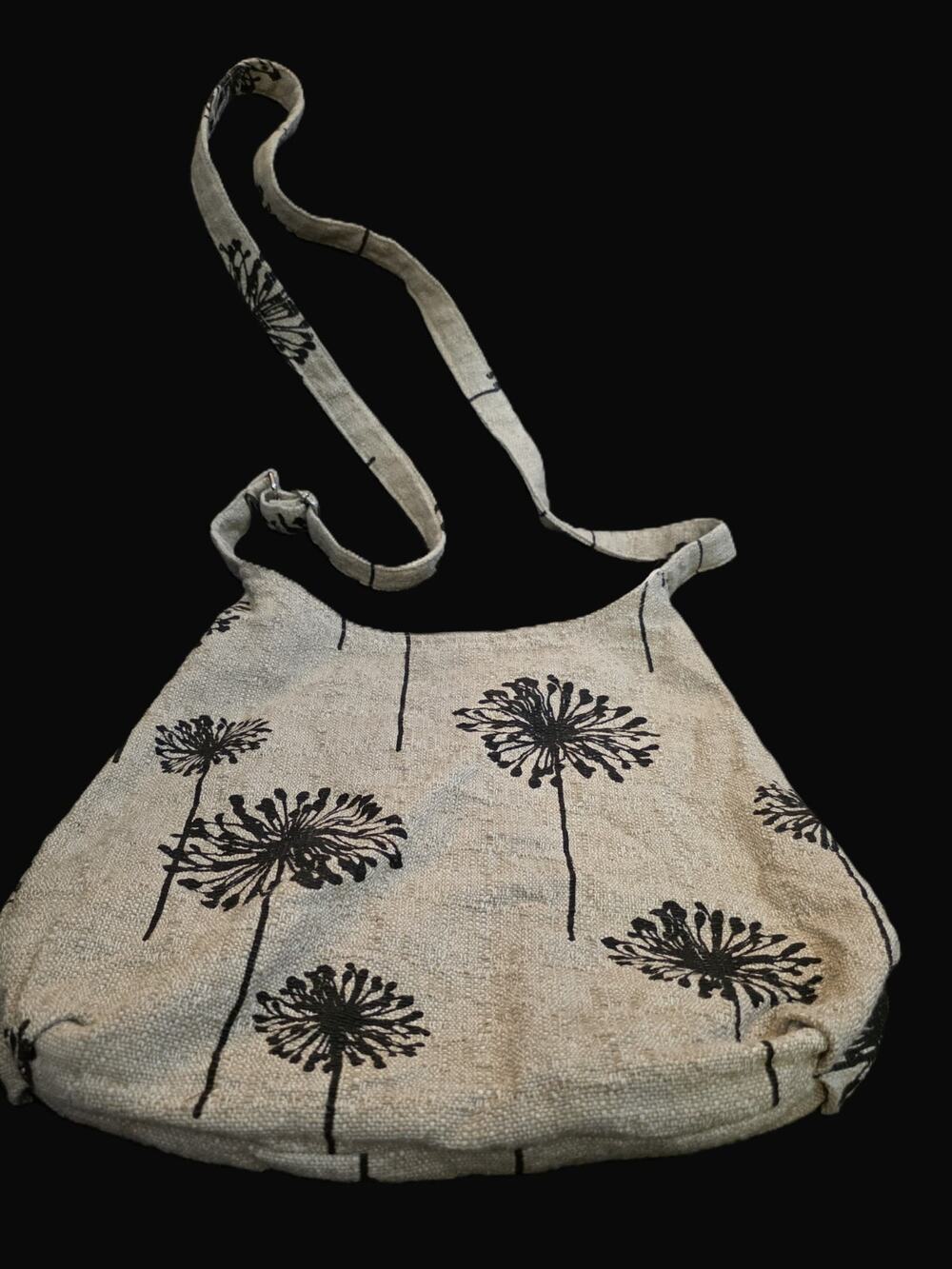 Lireca One Handle Hobo Bag Beige Black Floral Cotton Adjustable Shoulder Purse